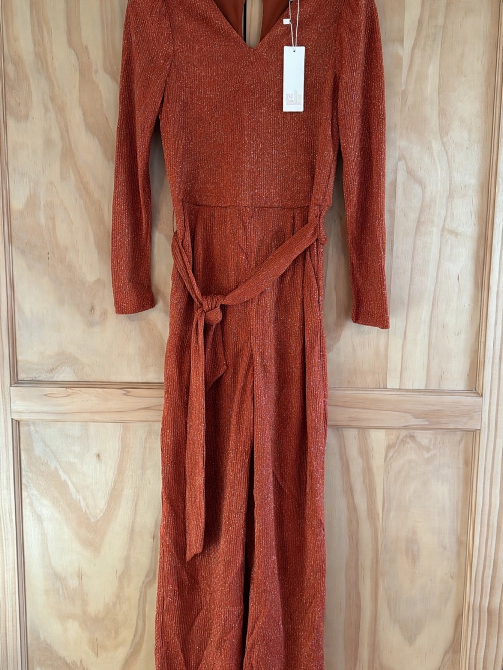 GB girls Long Sleeve Rust Knit Jumpsuit with Waist Tie